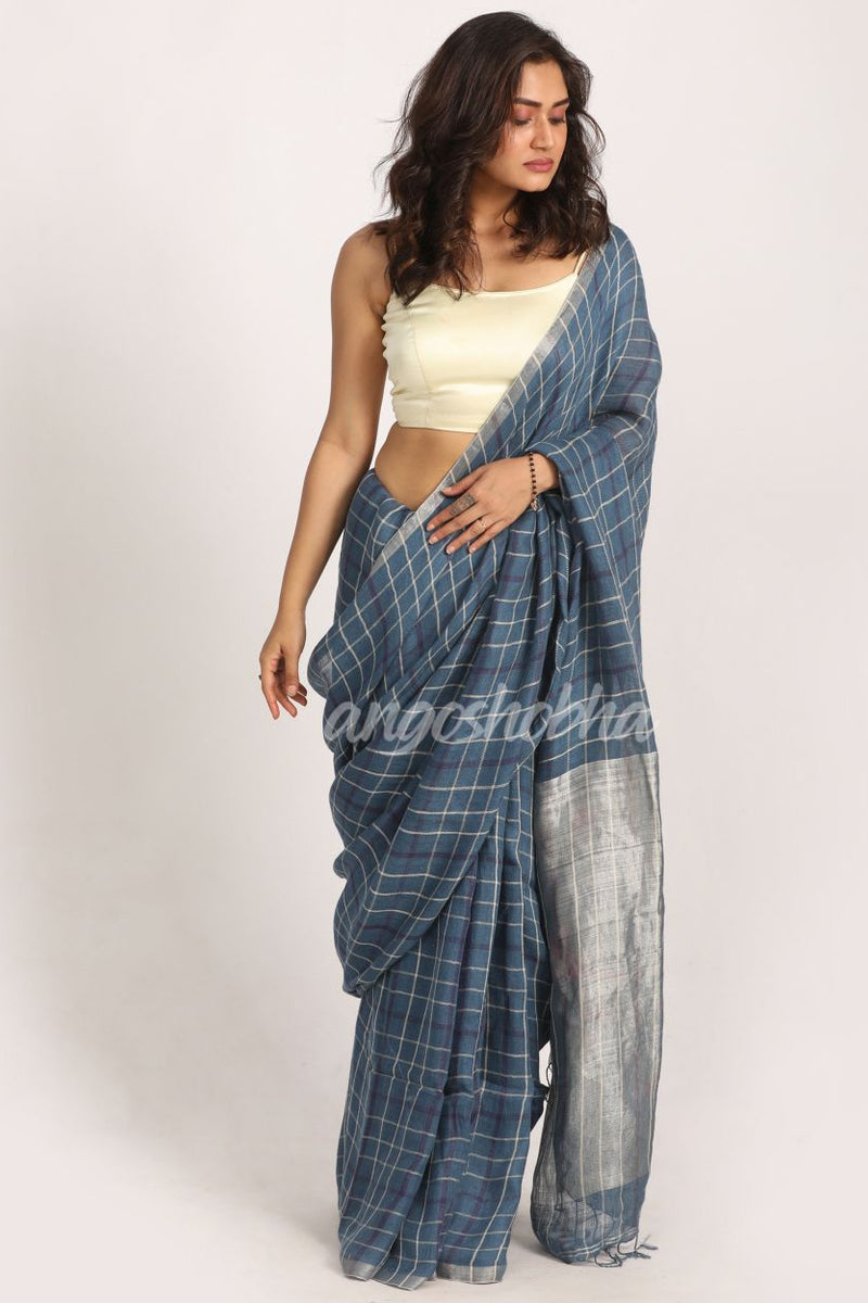 Steel Blue Traditional Handloom Check Linen Saree