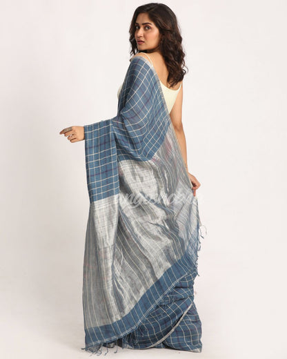 Steel Blue Traditional Handloom Check Linen Saree angoshobha