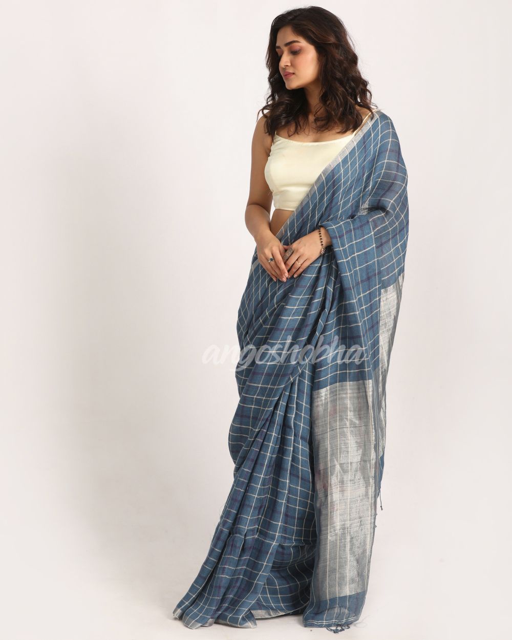 Steel Blue Traditional Handloom Check Linen Saree angoshobha