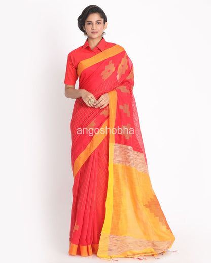 Tamato Red Handloom Cotton Blend Saree angoshobha