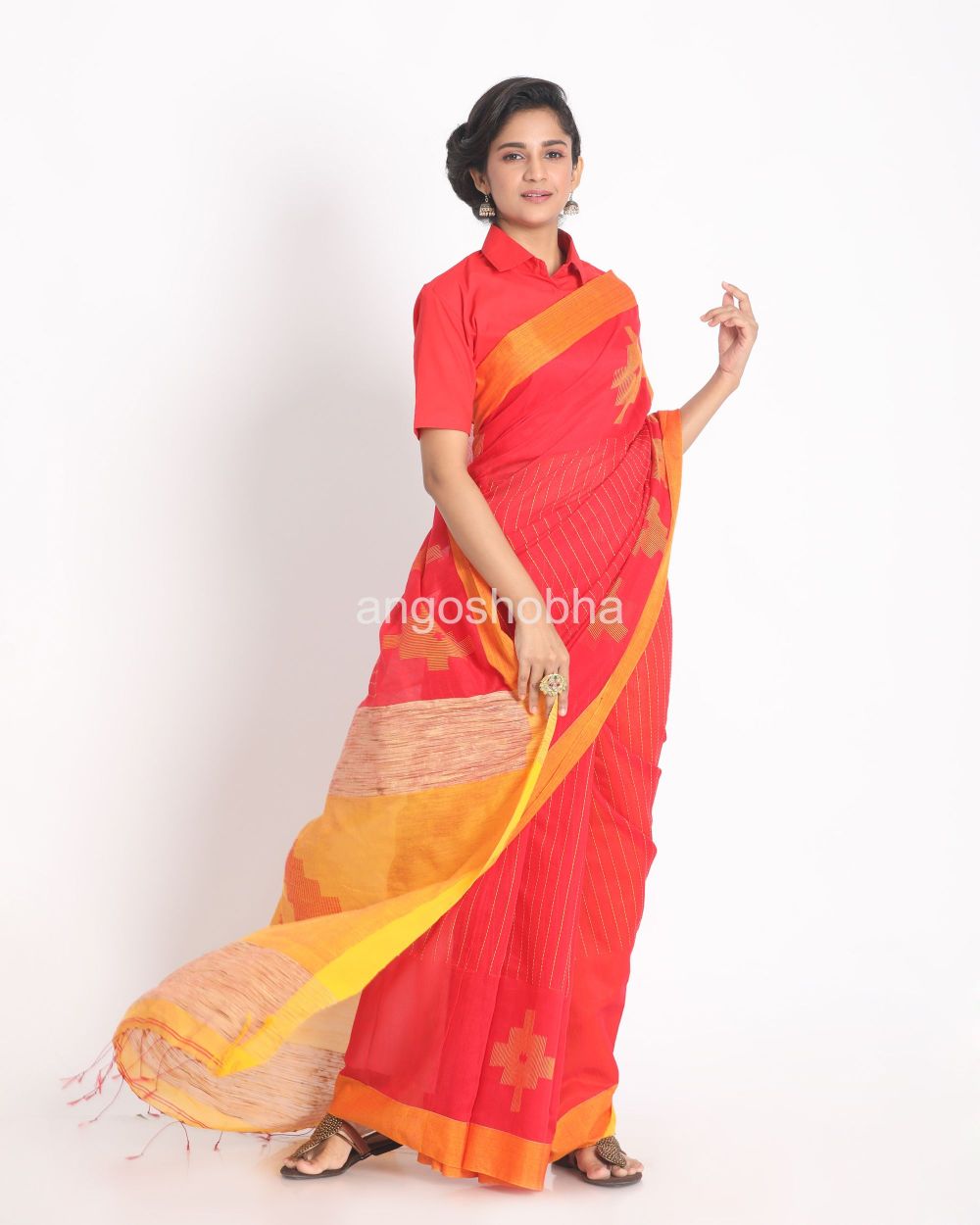 Tamato Red Handloom Cotton Blend Saree angoshobha