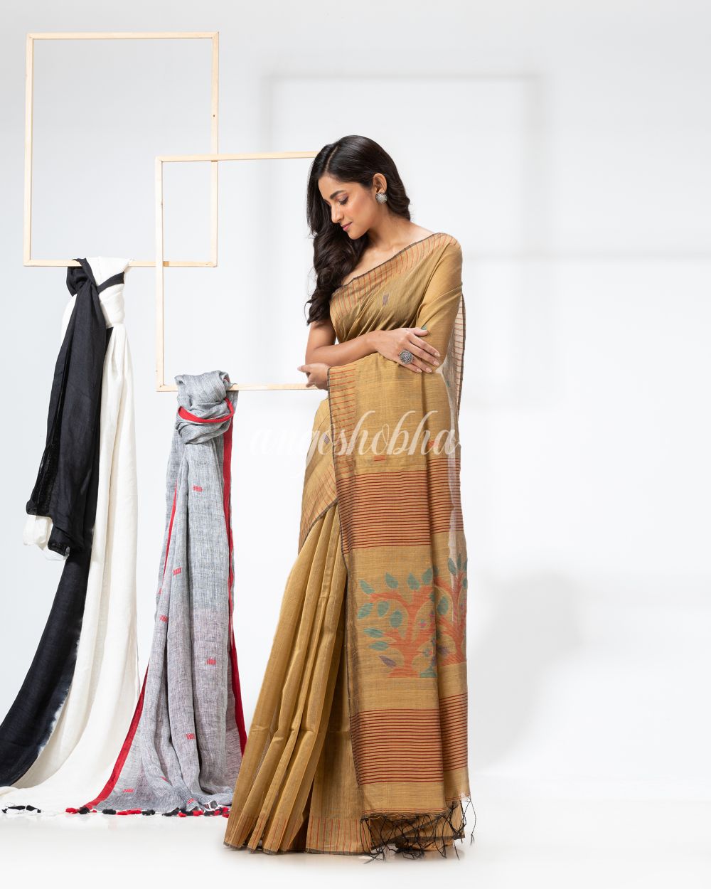 Tan Cotton Blend Festive Jamdani Saree angoshobha