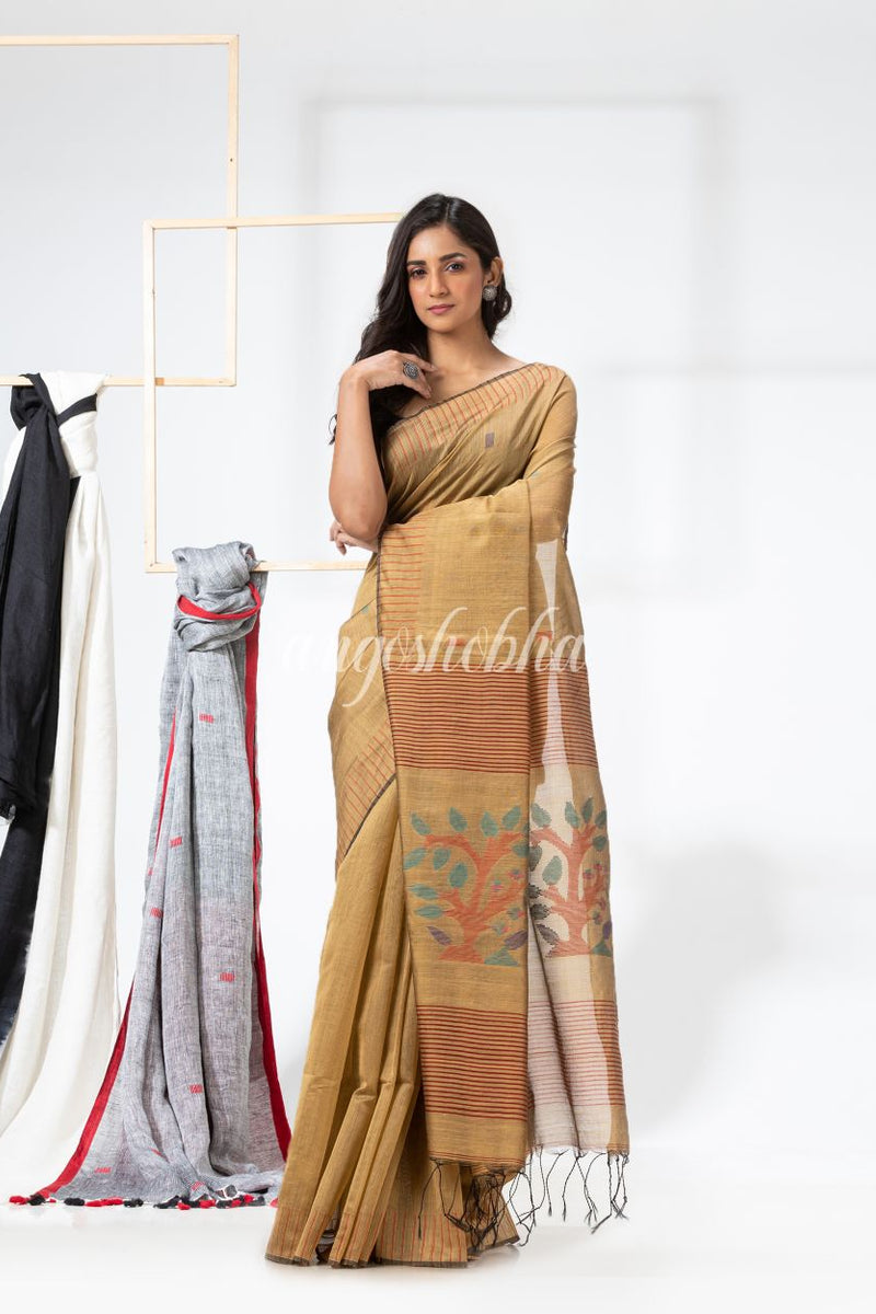 Tan Cotton Blend Festive Jamdani Saree