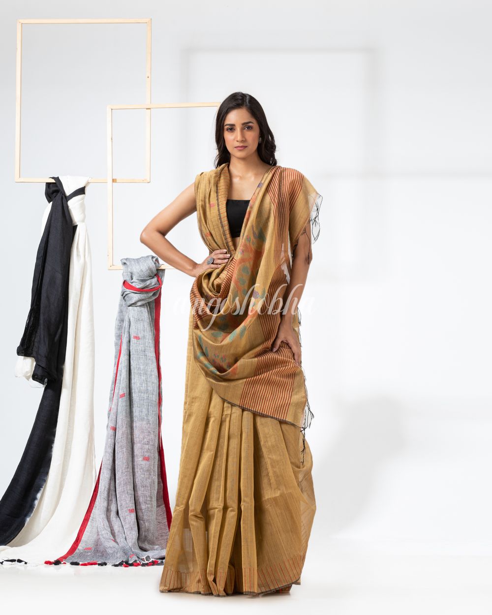 Tan Cotton Blend Festive Jamdani Saree angoshobha