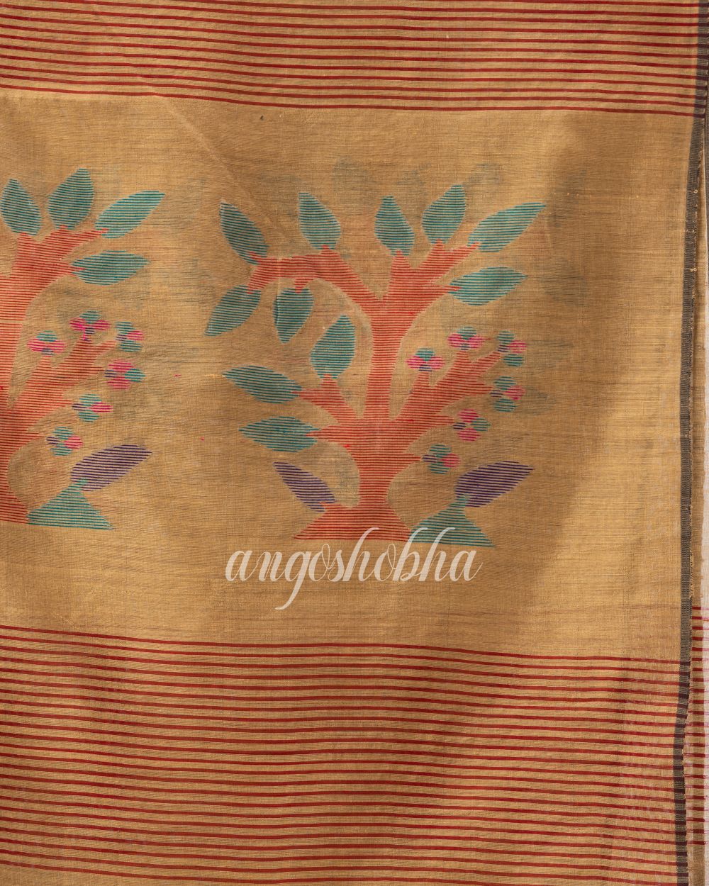 Tan Cotton Blend Festive Jamdani Saree angoshobha