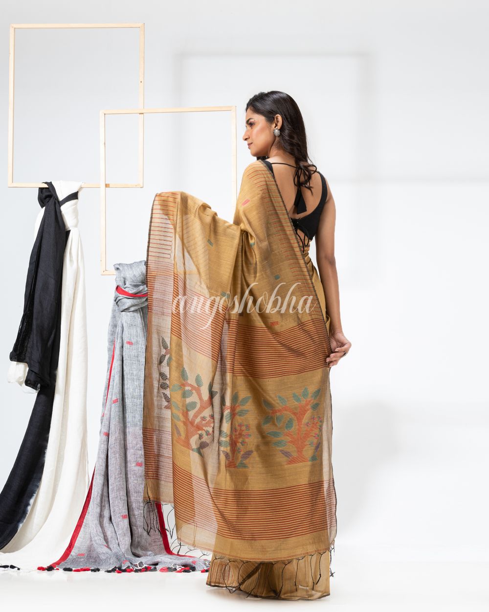 Tan Cotton Blend Festive Jamdani Saree angoshobha