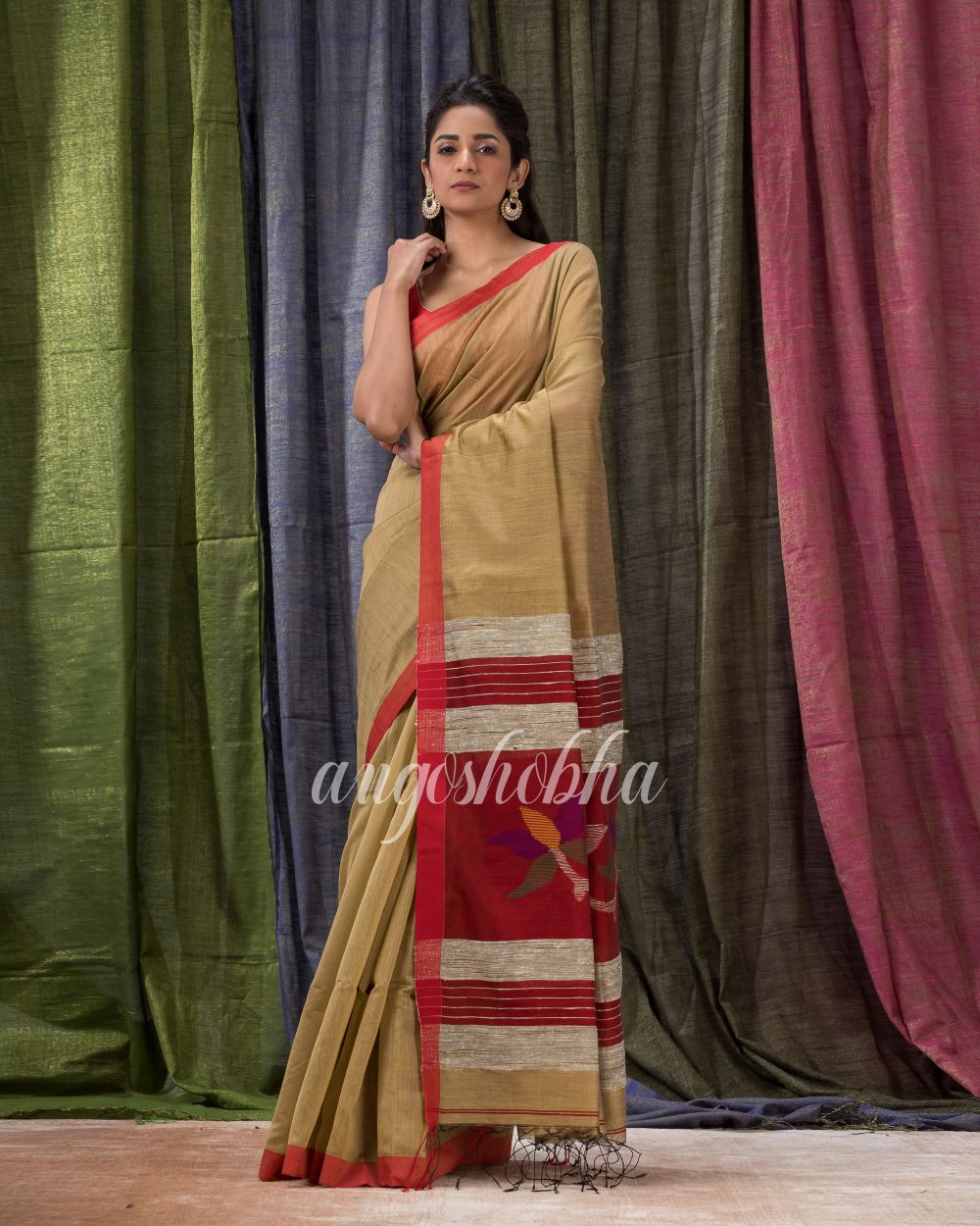 Tan Cotton Blend Traditional Jamdani Saree angoshobha