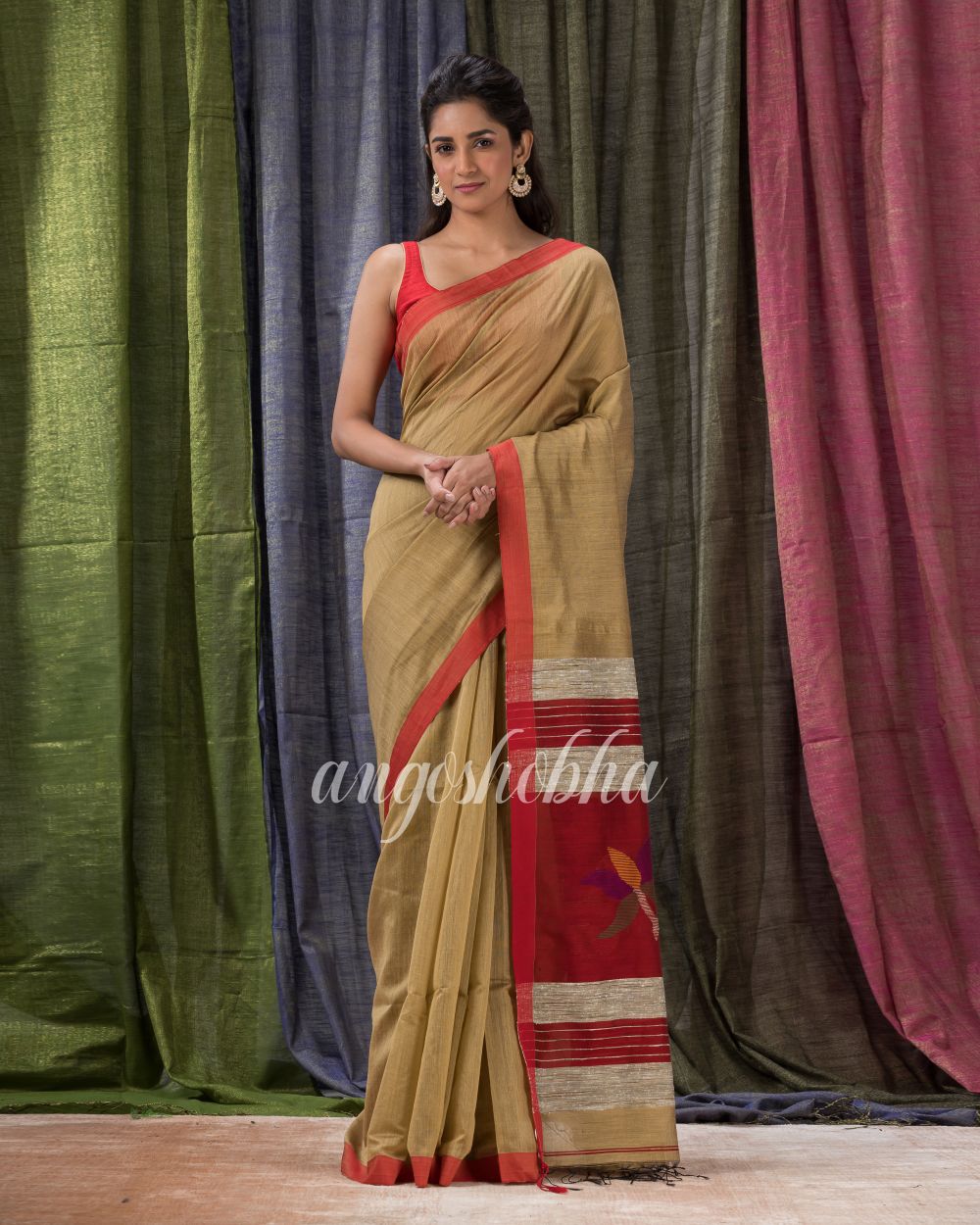 Tan Cotton Blend Traditional Jamdani Saree angoshobha