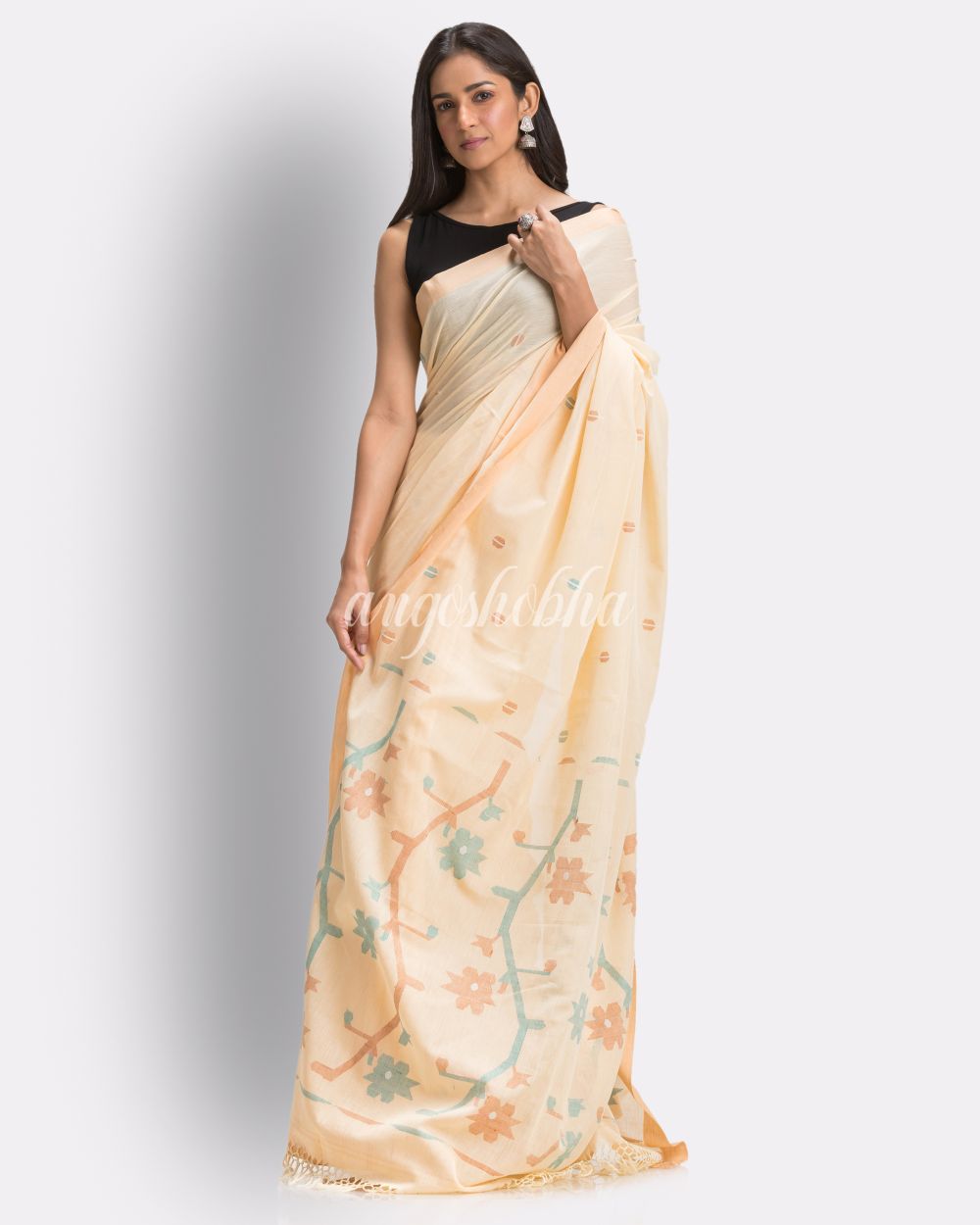Tan Handloom Cotton Jamdani Saree angoshobha