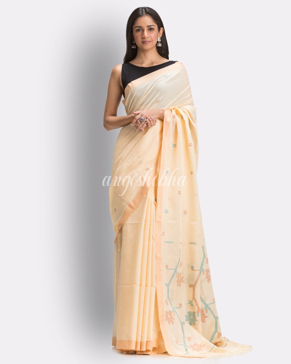 Tan Handloom Cotton Jamdani Saree angoshobha