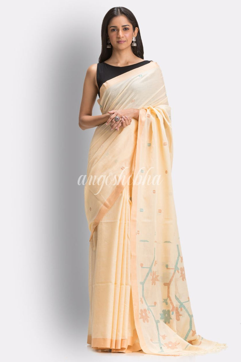 Tan Handloom Cotton Jamdani Saree