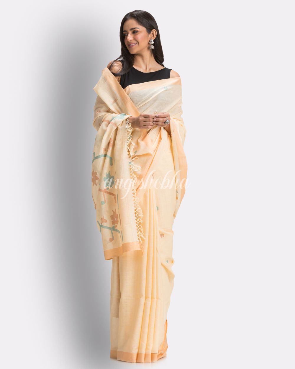 Tan Handloom Cotton Jamdani Saree angoshobha