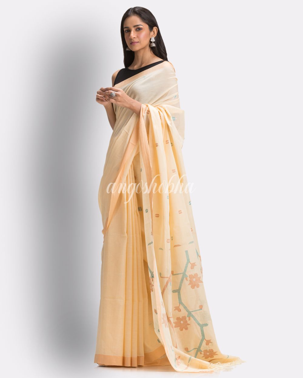 Tan Handloom Cotton Jamdani Saree angoshobha