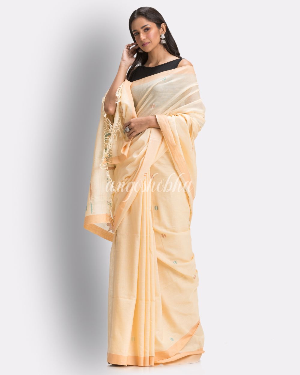 Tan Handloom Cotton Jamdani Saree angoshobha