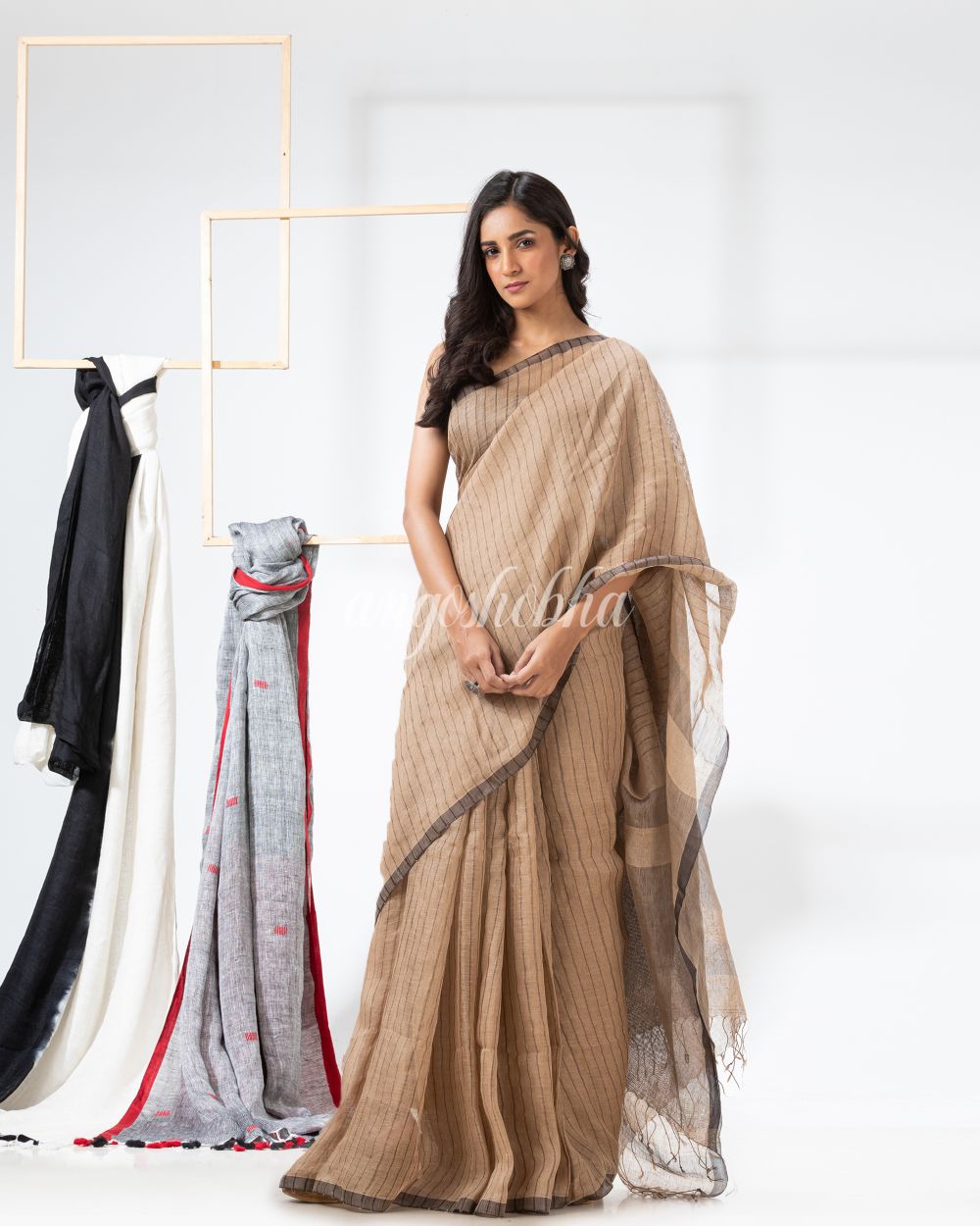 Tan Handloom Linen Saree angoshobha
