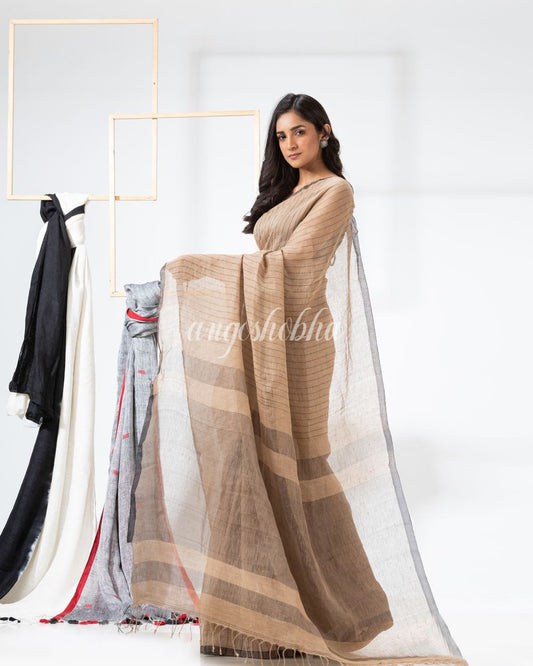 Tan Handloom Linen Saree angoshobha