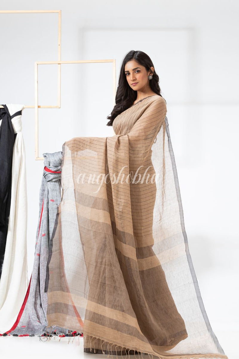 Tan Handloom Linen Saree