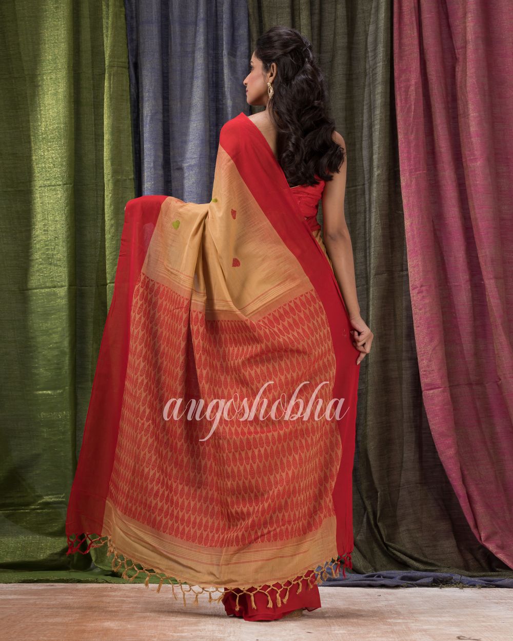 Tan Red Cotton Tangail Festive Saree angoshobha