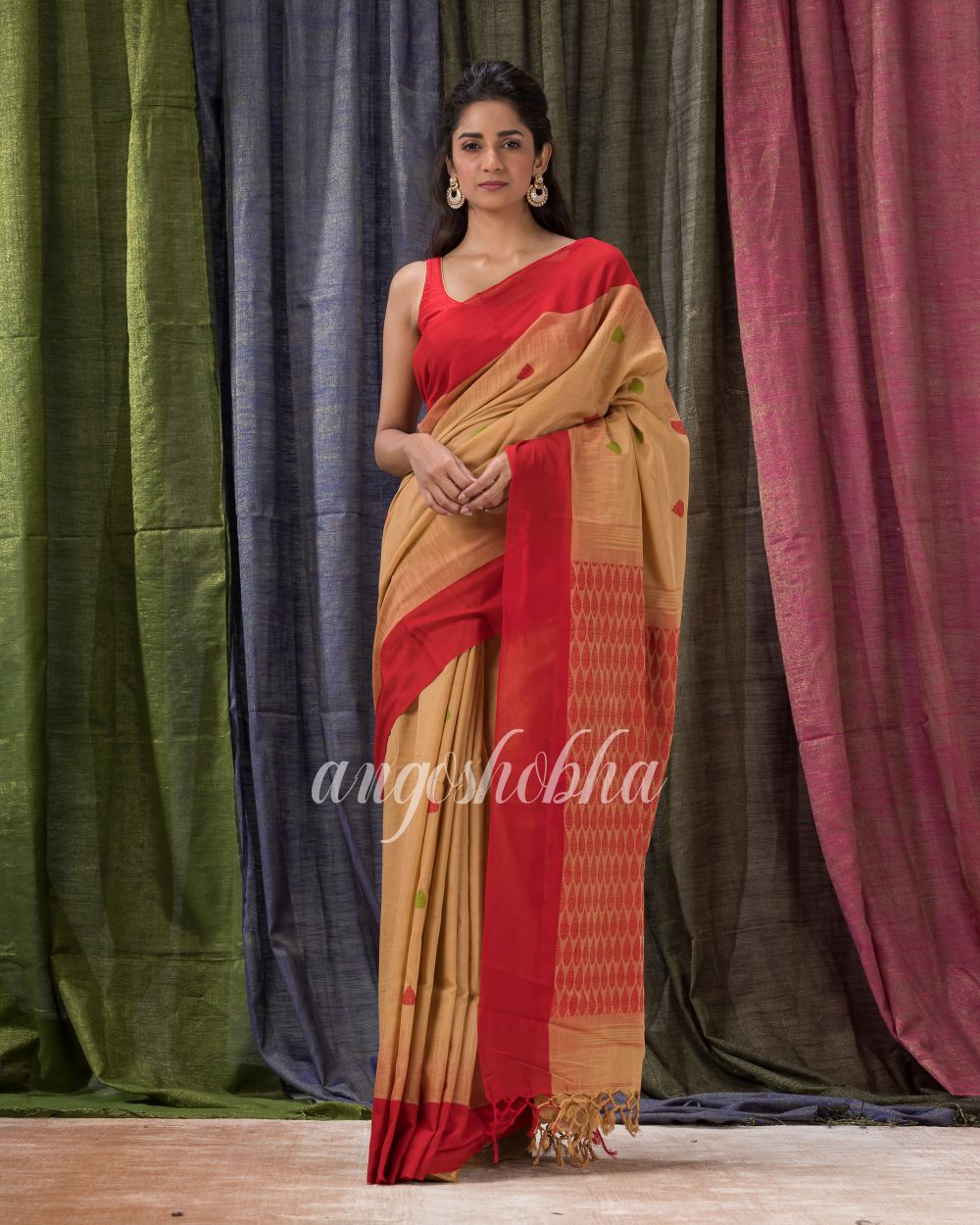 Tan Red Cotton Tangail Festive Saree angoshobha