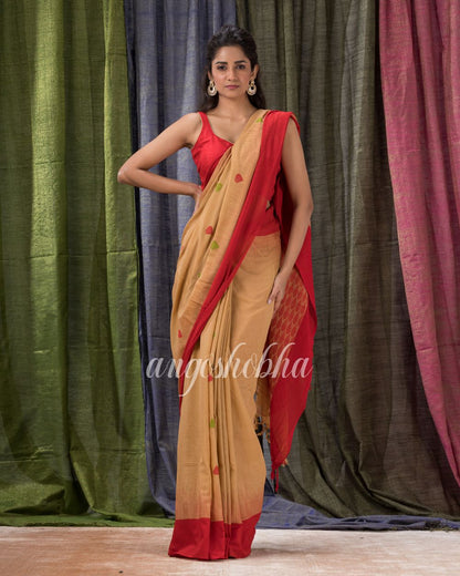 Tan Red Cotton Tangail Festive Saree angoshobha