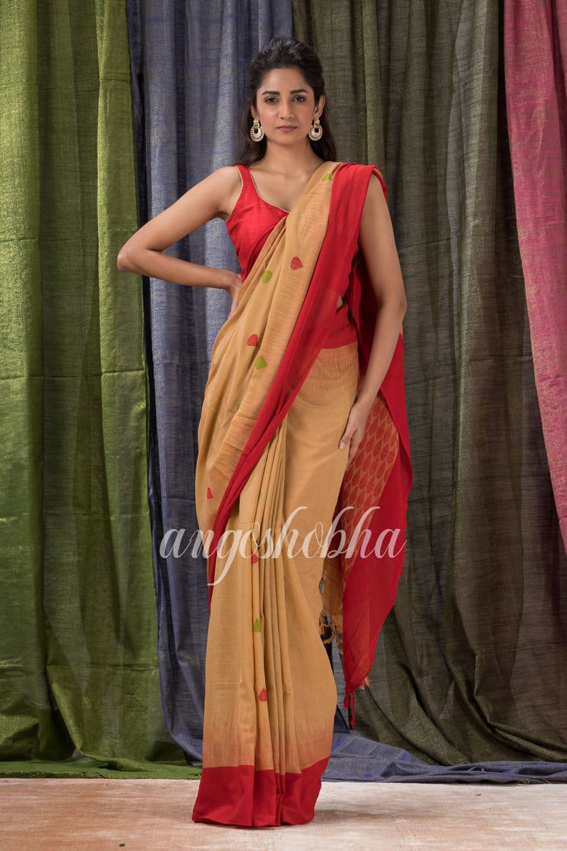 Tan Red Cotton Tangail Festive Saree