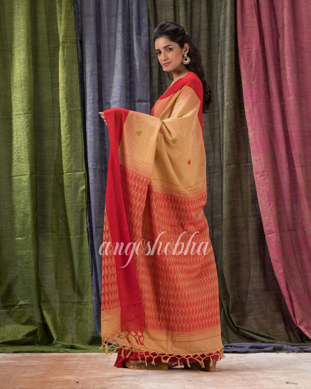 Tan Red Cotton Tangail Festive Saree angoshobha