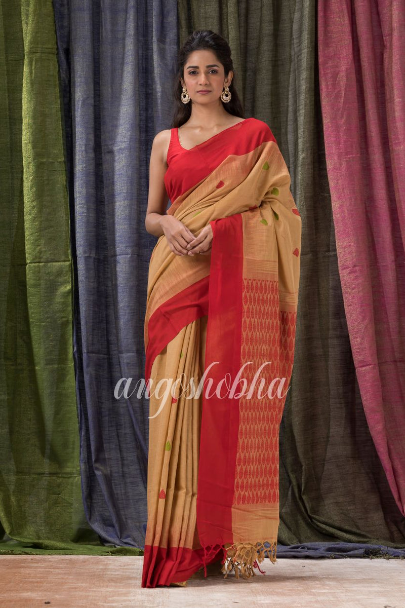 Tan Red Cotton Tangail Festive Saree