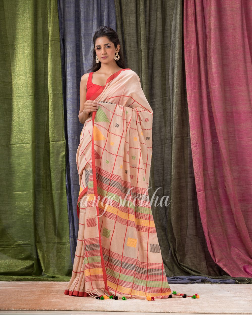 Tan Red Handwoven Cotton Jamdani Saree angoshobha