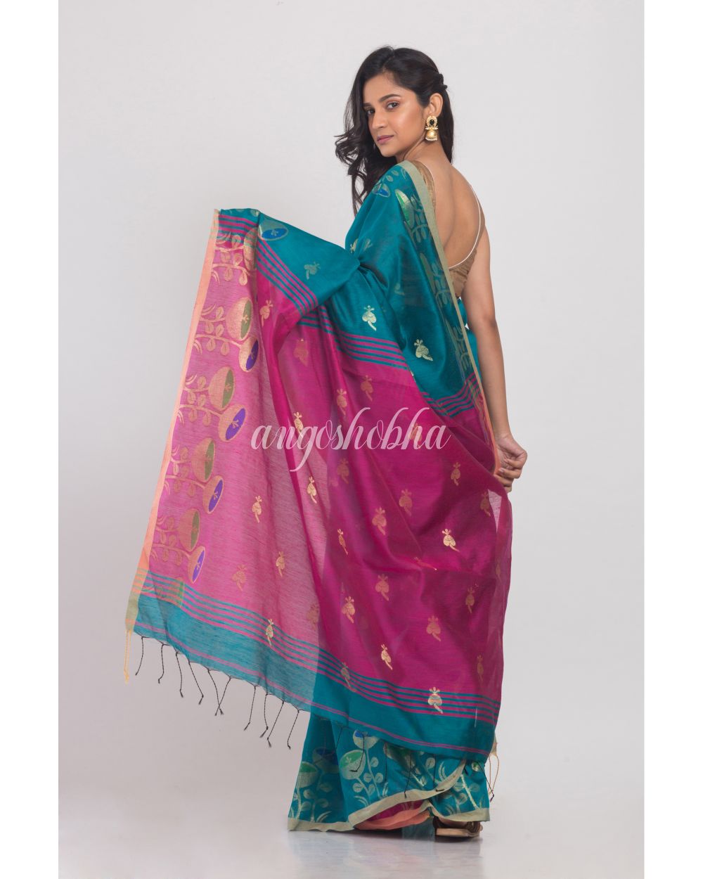 Teal Blended Cotton Handloom Saree angoshobha