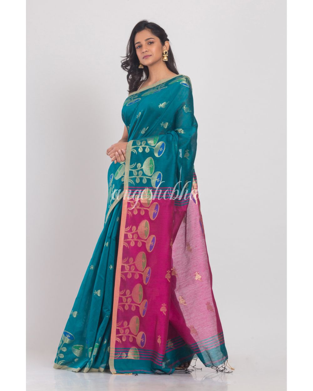 Teal Blended Cotton Handloom Saree angoshobha