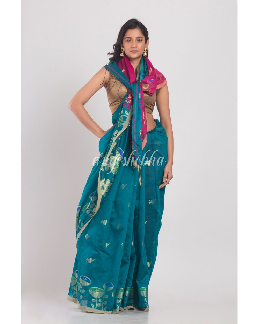 Teal Blended Cotton Handloom Saree angoshobha