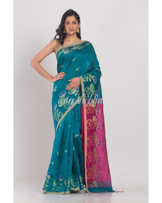 Teal Blended Cotton Handloom Saree angoshobha