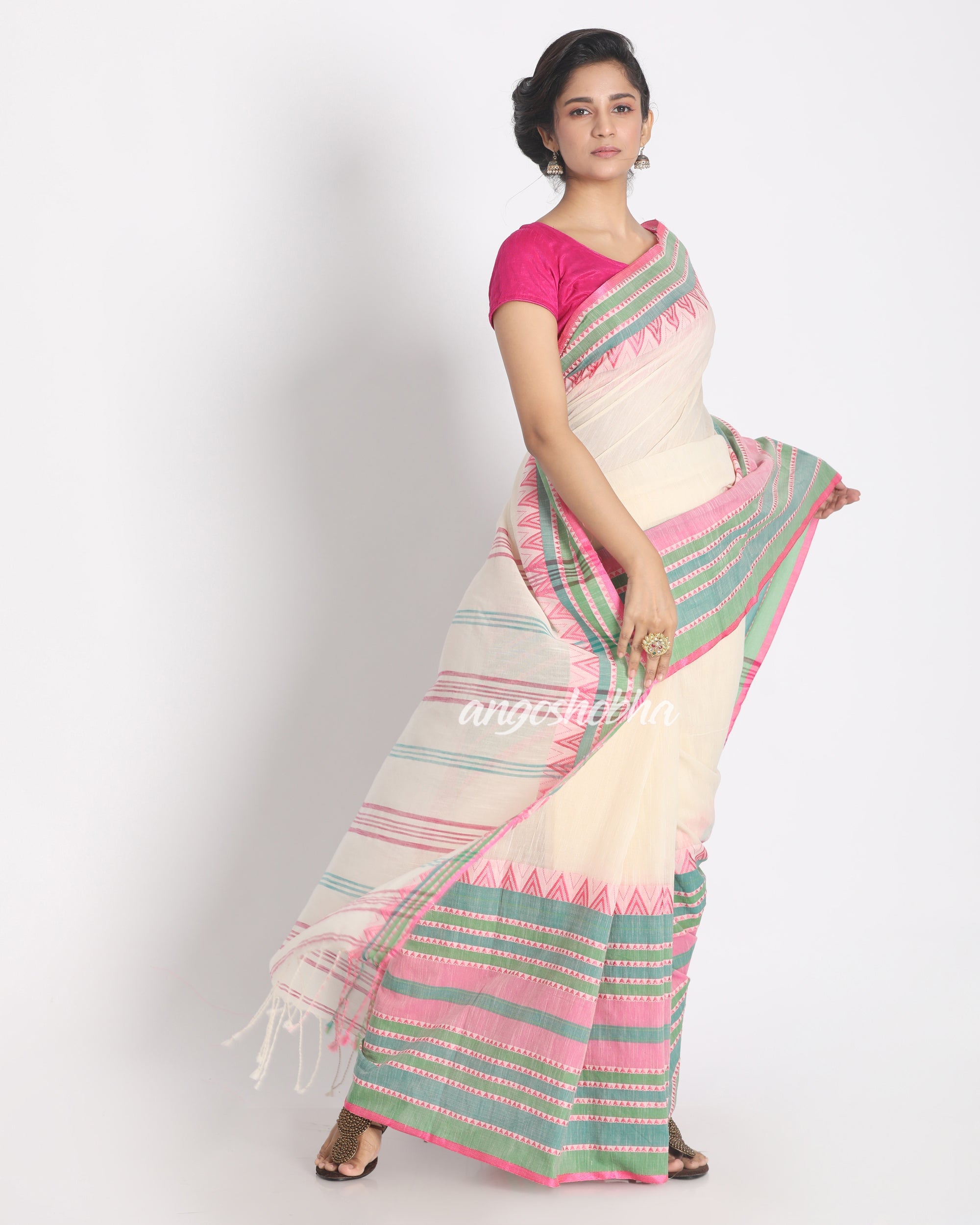 Teal Border Soft Sage Handspan Cotton Begampuri Saree angoshobha