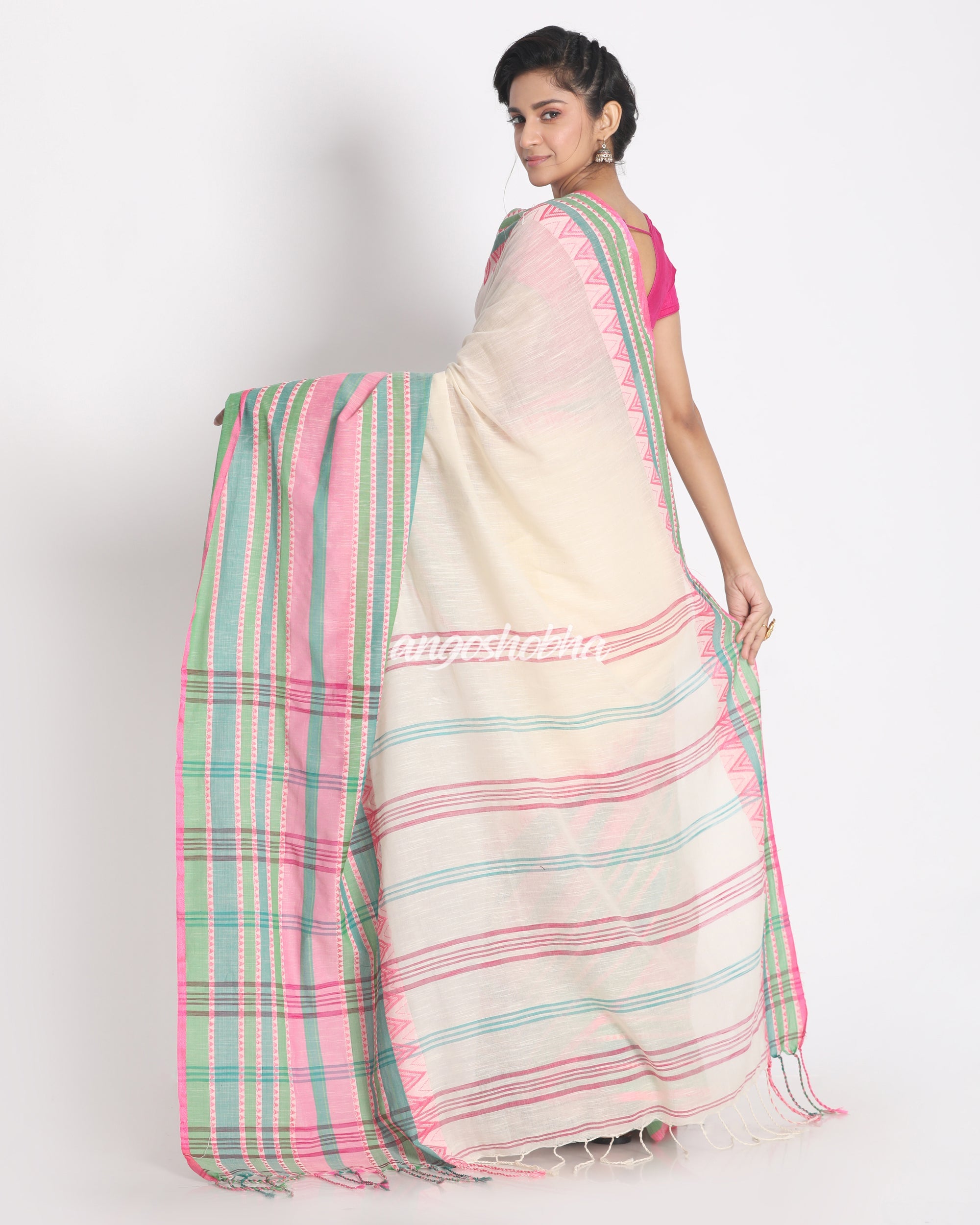 Teal Border Soft Sage Handspan Cotton Begampuri Saree angoshobha