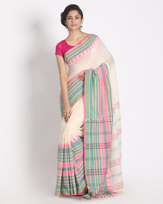 Teal Border Soft Sage Handspan Cotton Begampuri Saree angoshobha