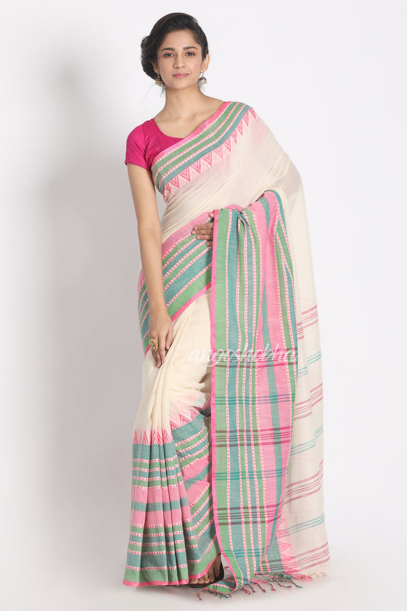 Teal Border Soft Sage Handspan Cotton Begampuri Saree