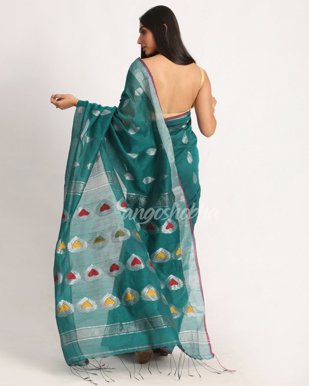 Teal Cotton Blend Handloom Jamdani Saree angoshobha