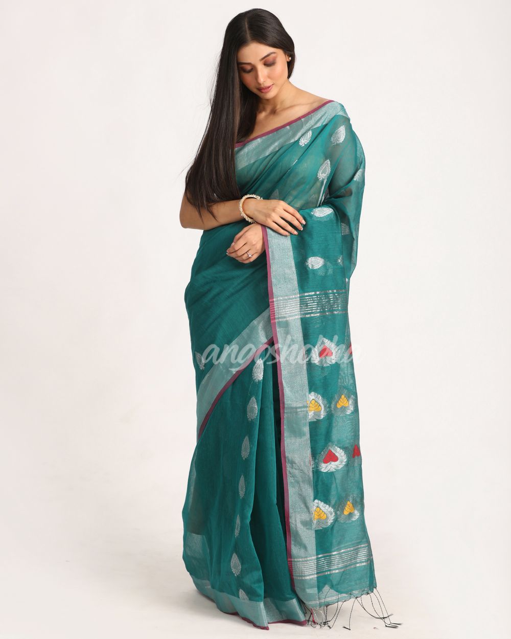 Teal Cotton Blend Handloom Jamdani Saree angoshobha