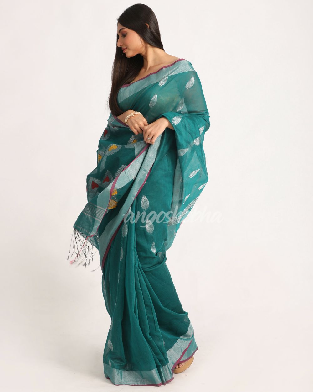 Teal Cotton Blend Handloom Jamdani Saree angoshobha