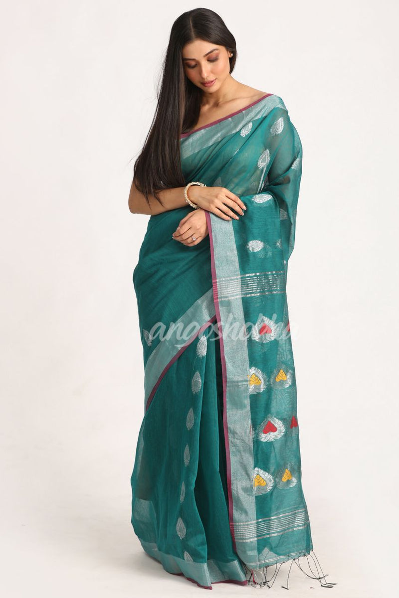 Teal Cotton Blend Handloom Jamdani Saree