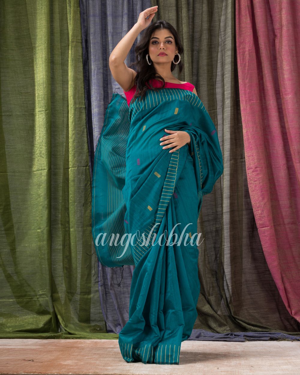 Teal Cotton Blend Traditional Jamdani Saree angoshobha