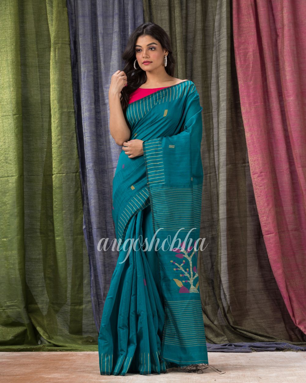 Teal Cotton Blend Traditional Jamdani Saree angoshobha