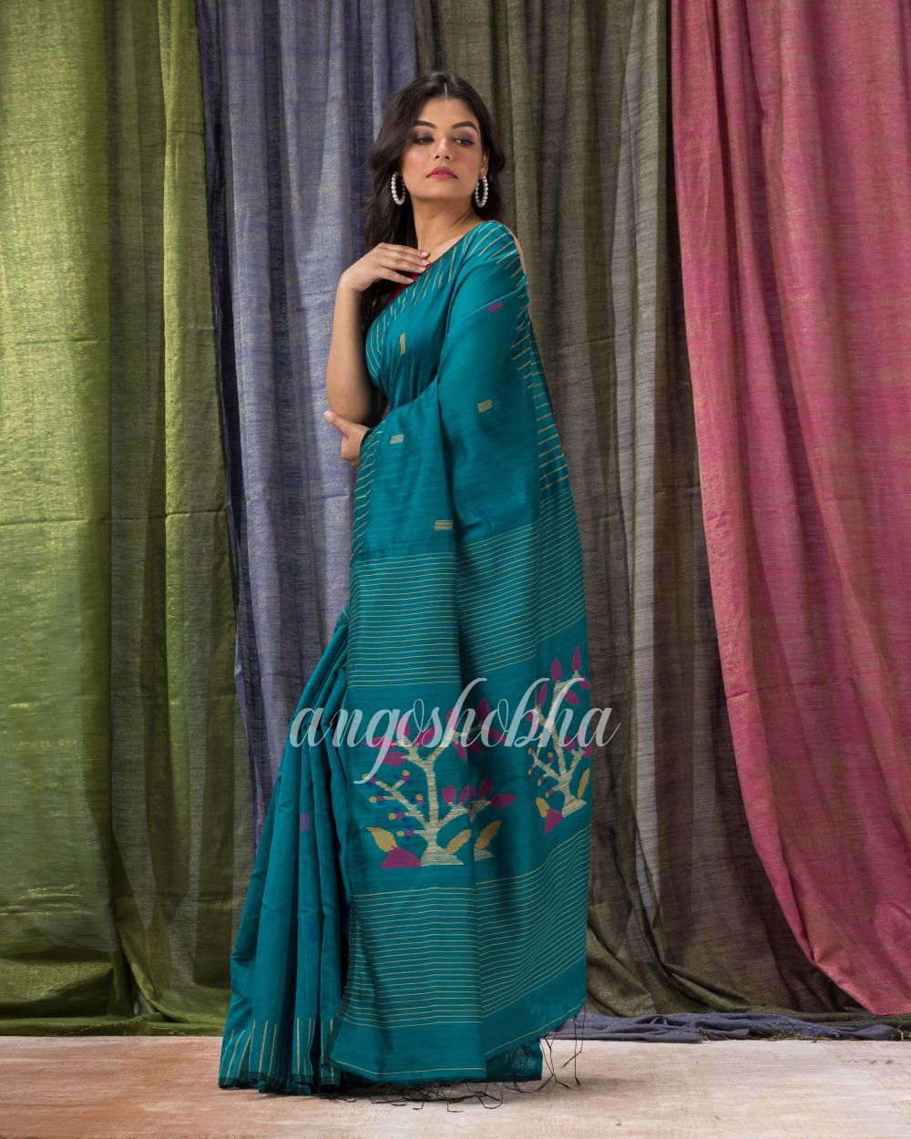 Teal Cotton Blend Traditional Jamdani Saree angoshobha