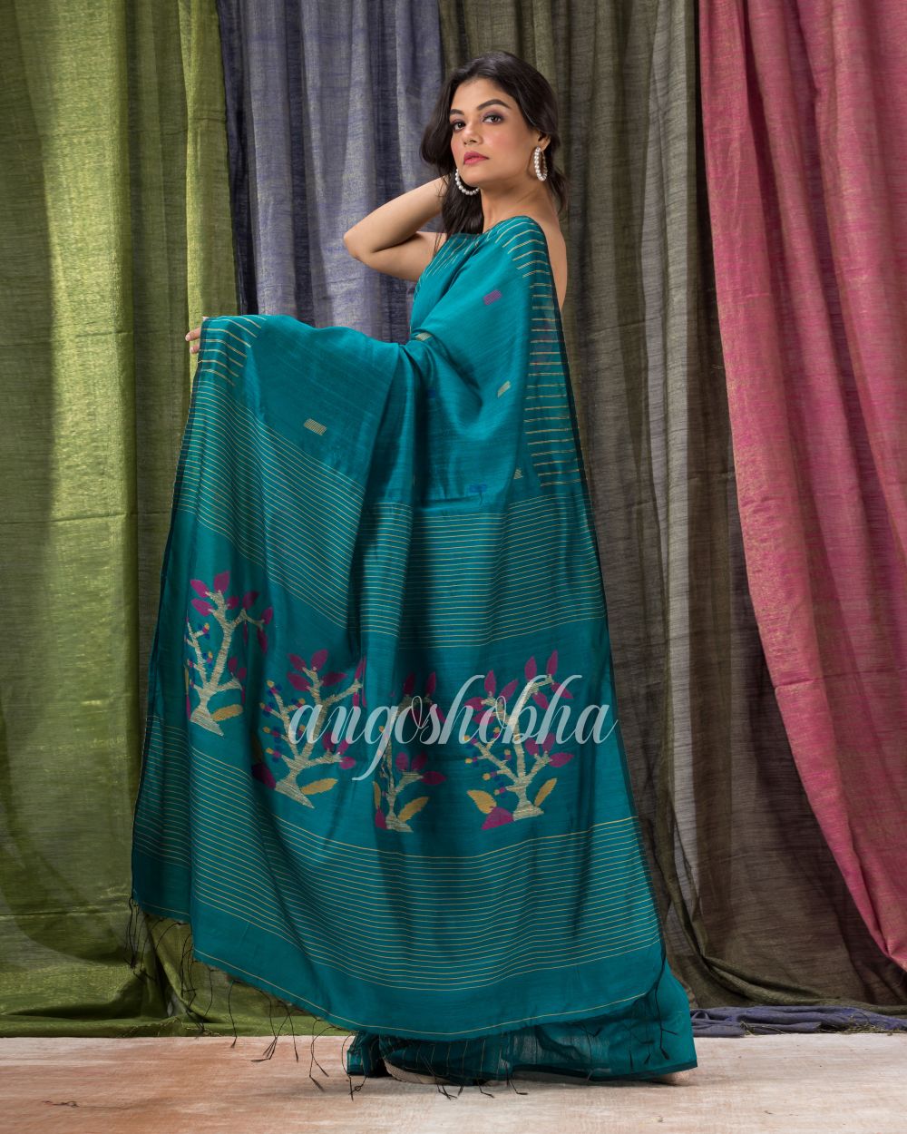 Teal Cotton Blend Traditional Jamdani Saree angoshobha