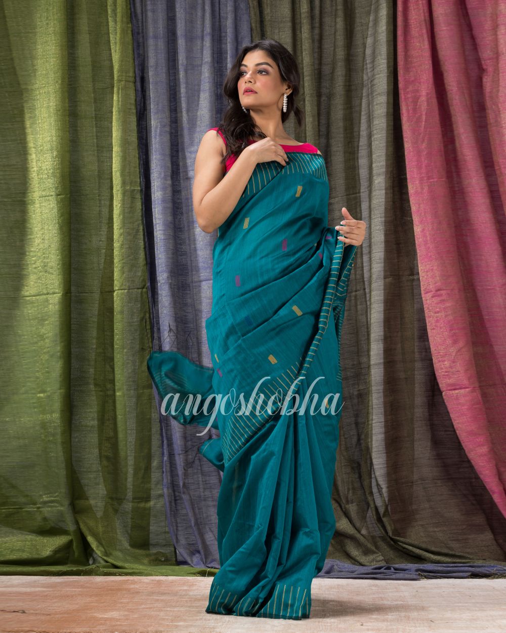 Teal Cotton Blend Traditional Jamdani Saree angoshobha