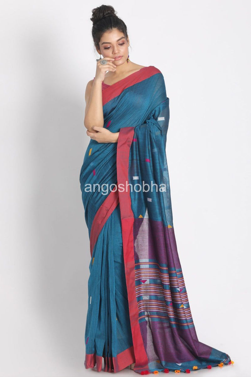 Teal Cotton Handloom Saree With Weaving Motif