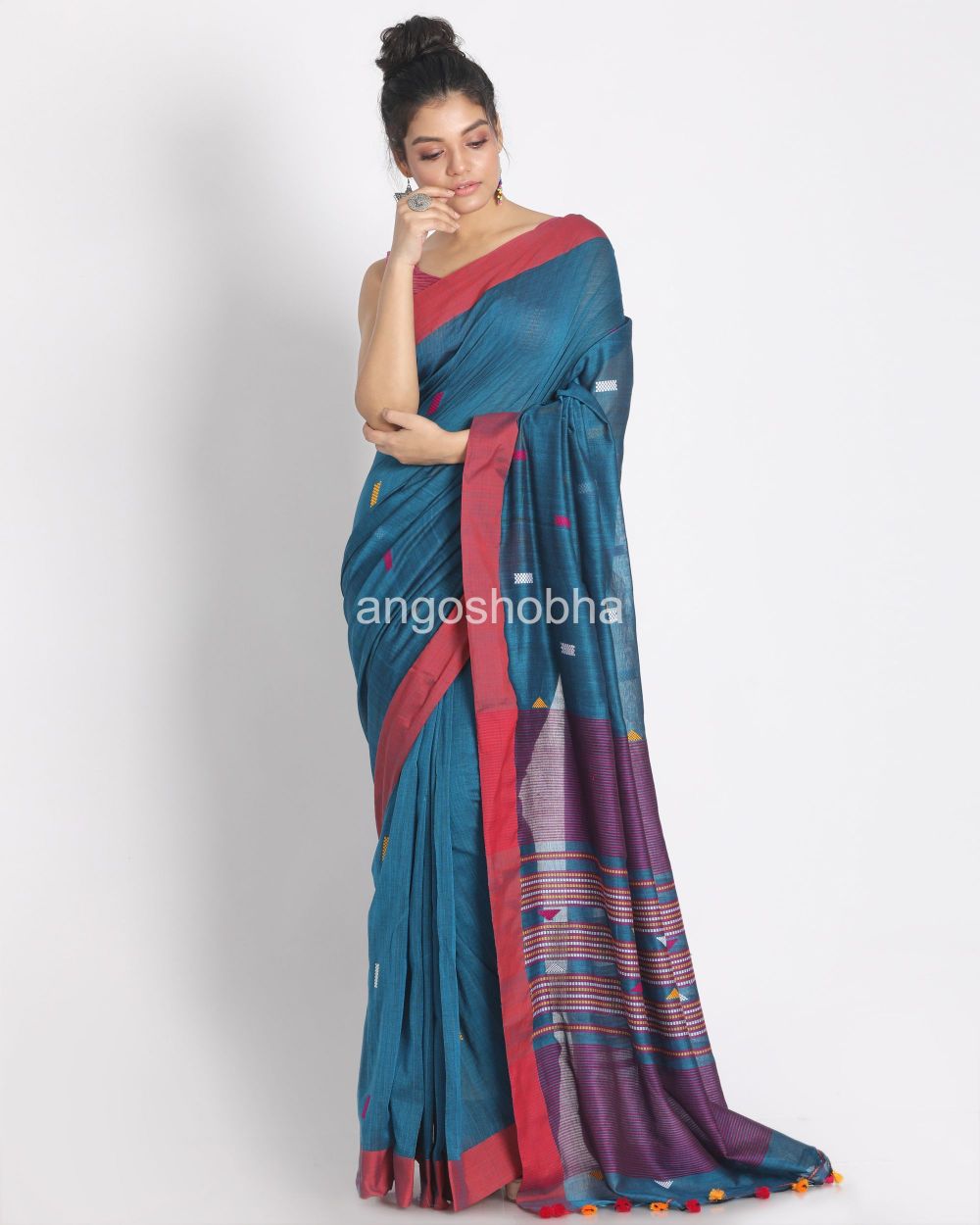 Teal Cotton Handloom Saree With Weaving Motif angoshobha