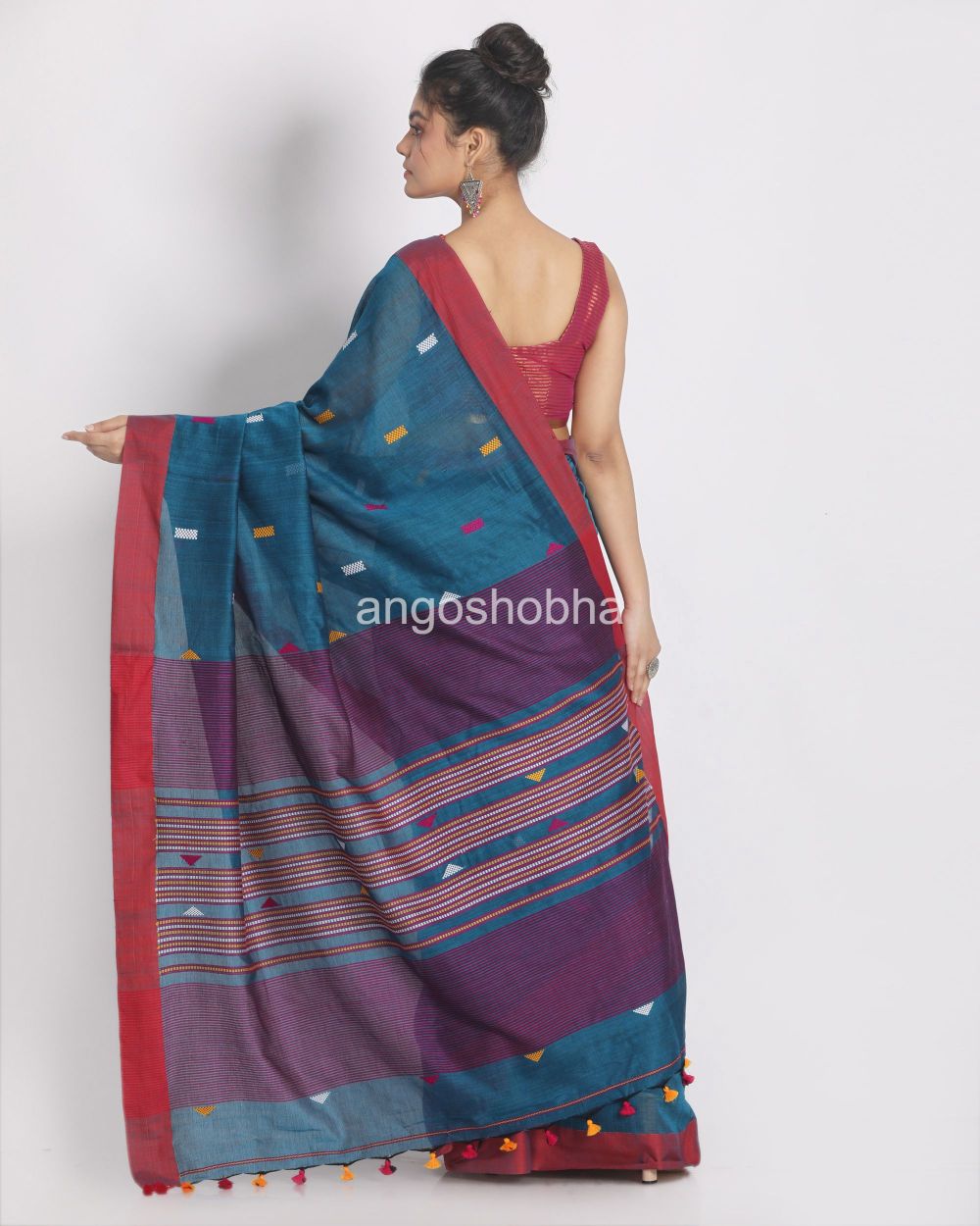 Teal Cotton Handloom Saree With Weaving Motif angoshobha