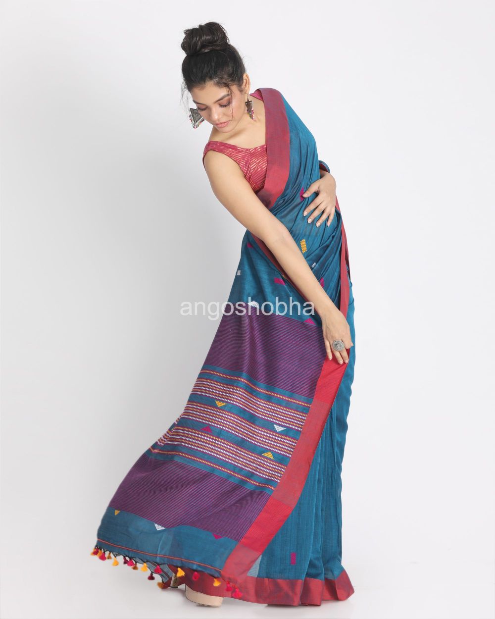 Teal Cotton Handloom Saree With Weaving Motif angoshobha