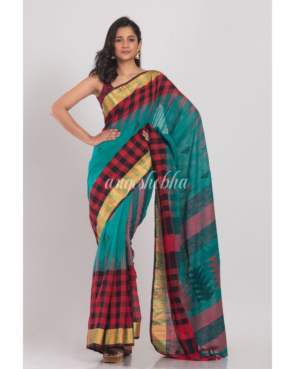 Teal Cotton Jamdani Saree angoshobha